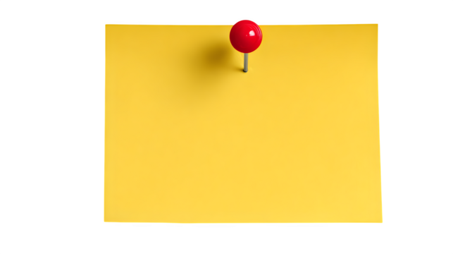 yellow sticky note with red pin on wall mockup isolated on white
