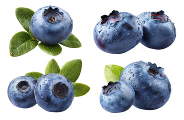 Four close-up views of fresh blueberries with leaves. Each cluster of blueberries are wet with water droplets, showcasing their deep indigo color and textured skin. 