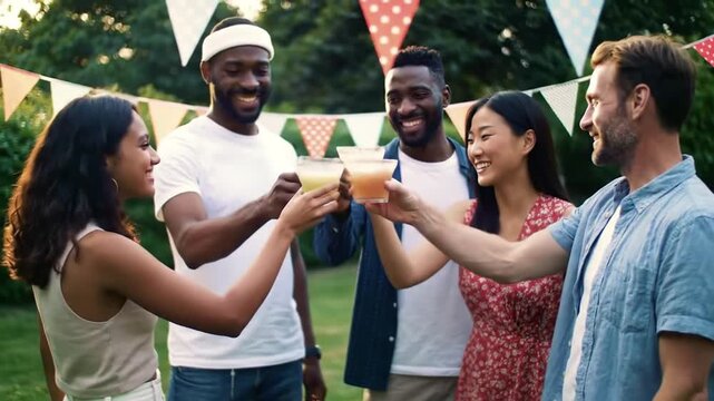 Diverse friends toasting drinks outdoors at a summer party