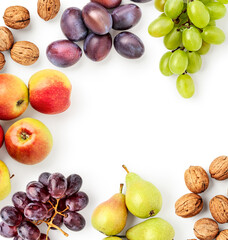 Fresh autumn fruits flat lay frame border photography isolated on white background