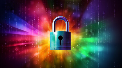 Cybersecurity concept with lock and rainbow data background
