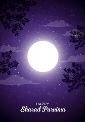 Happy Sharad Purnima celebration with glowing full moon in purple night sky surrounded by stars, clouds, and tree branches symbolizing peace, devotion, and Indian cultural traditions