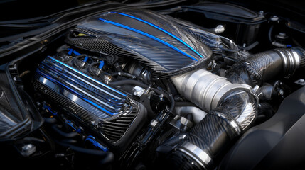 Fototapeta premium High-performance sports car engine with carbon fiber accents, turbo system visible, illuminated with dramatic lighting