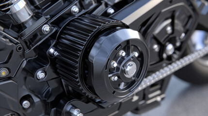 Fototapeta premium Detailed shot of alternator housing and rotating pulleys, smooth black finish contrasted with metallic belt tension, engineered perfection
