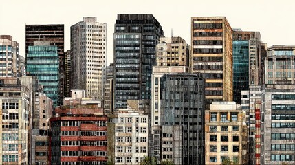Urban sprawl sketch assorted, weathered high-rise buildings jostle, forming a dense cityscape against a pale background