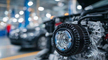 Fototapeta premium Black alternator in engine bay with drive belt stretched across polished pulleys, intricate details captured in sharp focus