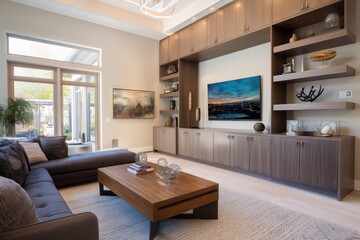 Luxurious living area featuring a flat screen TV seamlessly built into bespoke wall cabinets