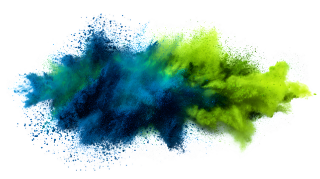 neon green and blue color explosion powder isolated on white background