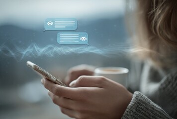 Woman using smartphone near mountains, with chat bubbles and digital waves overlayed
