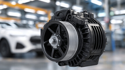 Modern alternator with black casing, pulley wheels aligned with serpentine belt, crisp metallic highlights under soft light