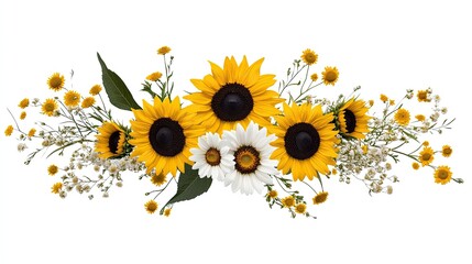 Vibrant Sunflower and Daisy Floral Arrangement on White Background, Isolated.