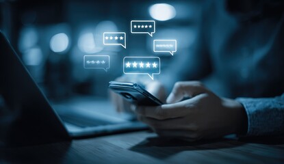 Mobile device usage with chat bubbles conveying feedback, glowing over hands & keyboard