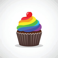Delicious chocolate cupcake with vibrant rainbow frosting and a bright red cherry on top, isolated on a light background.