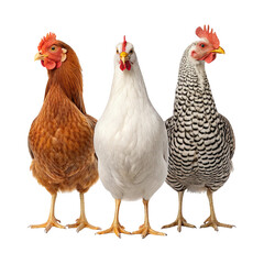 Fototapeta premium Three different breeds of chickens standing together as a group isolated on transparent background