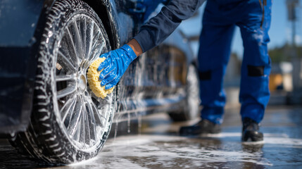 Sunlit outdoor car wash, close detail of workerâs hands applying sponge to tire rim, fresh soap and foam sparkling in daylight