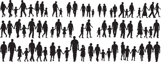 Naklejka premium Diverse family groups walking together, holding hands, representing togetherness and unity