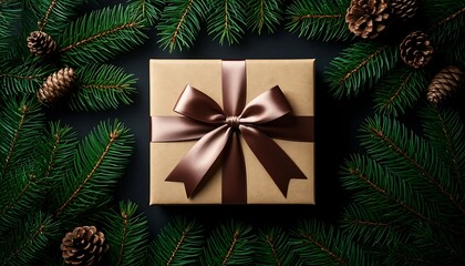 A beautifully wrapped gift box with a brown ribbon sits among pine branches and cones. The scene evokes a festive holiday atmosphere.