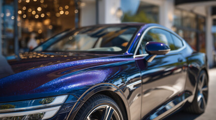 Obraz premium Luxury coupe with deep metallic paint finish, close-up on door curve and reflections, vibrant urban backdrop enhancing design