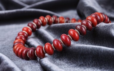Close-Up of Polished Red Coral Beads in Round and Oval Shapes — Strung with Metallic Spacers, Glossy Texture and Vibrant Color Highlighting Craftsmanship and Cultural Elegance