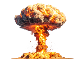 Massive bomb explosion fiery cloud dominates sky, releasing intense heat, smoke, and powerful shockwave amid catastrophic destruction and chaos.