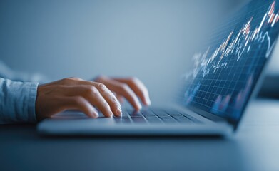 Hands type on a laptop displaying a stock market chart with upward trends