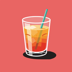 Illustration of a refreshing layered cocktail with ice cubes and a straw in a clear glass against a pink background.