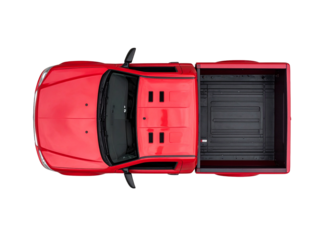 Red pickup truck top view isolated, showing empty cargo bed and clean lines, ideal for transport, automotive, or commercial vehicle concepts.