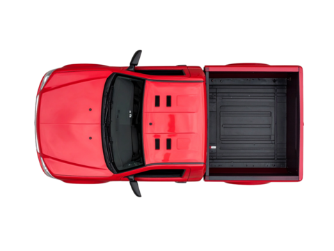 Red pickup truck top view isolated, showing empty cargo bed and clean lines, ideal for transport, automotive, or commercial vehicle concepts.