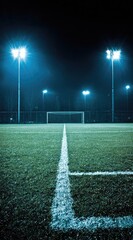 Evening shot of a soccer field with a line across a grass field under bright floodlights against a dark night sky creating a tranquil athletic scene