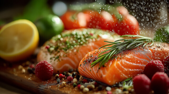 Fresh salmon fillet with herbs and spices ― ハーブとスパイスで味付けした新鮮なサーモンフィレ