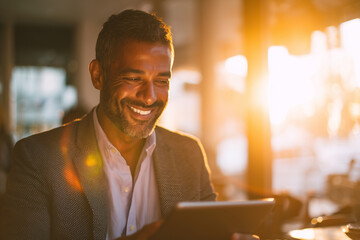 Smiling businessman using a tablet in golden-hour sunlight — warm backlit portrait of a professional enjoying digital work and café productivity