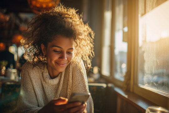Young woman smiling while using smartphone in sunlit cozy cafe, relaxed lifestyle moment, warm goldenhour light and casual knit sweater