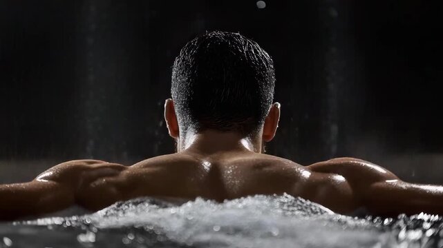 A person lying face down on the water surface while a waterfall pours over their head.