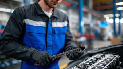 Detailed shot of engine belt alignment, mechanicâs hands guiding the tensioner, professional repair shop atmosphere in background