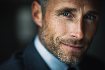 Fototapeta premium Confident mature businessman close-up portrait with blue eyes and salt-and-pepper beard, conveying experience, trust and leadership.