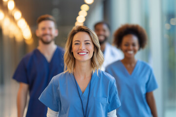 Smiling nurse leader guiding a diverse medical team in blue scrubs down a bright hospital corridor — confident healthcare professionals united in care.