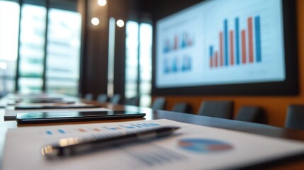 Fototapeta premium presentation in progress with a projector and business documents on a table, in a modern conference room, with a blurred corporate background