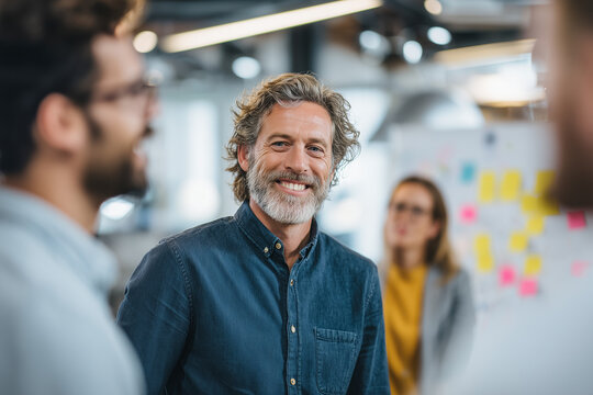 Smiling mature team leader in a modern office engaging colleagues during a creative brainstorming session — confident, approachable professional and mentor