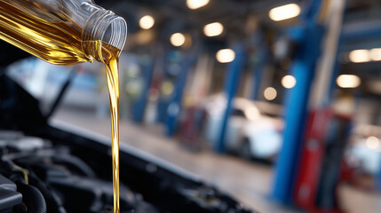 Detailed automotive maintenance scene, golden oil flowing into engine compartment, blurred garage backdrop with soft shadows