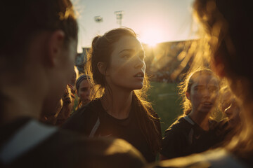 Sunset Soccer Huddle: Young female athletes sharing an intense team moment on a stadium field, focused faces, determination and unity before the match