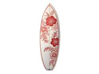 White Surfboard with Elegant Red Floral Design and White Background isolated on a transparent background