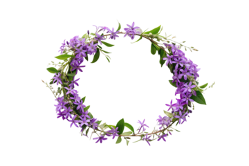 Heart-shaped wreath crafted from purple flowers and green foliage in romantic floral arrangement design, isolated on a transparent background