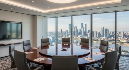 Modern boardroom with panoramic city view, circular table, ergonomic chairs