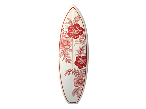 White Surfboard with Elegant Red Floral Design and White Background isolated on a transparent background