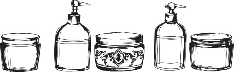 A set of cosmetic containers. Jars, vials, bottles, tubes. Hand drawn vector illustration