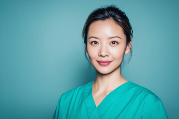 Fototapeta premium Confident female medical professional in teal scrubs smiling against a soft aqua backdrop — modern healthcare portrait conveying compassion and competence