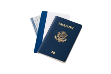 US passport with multiple boarding passes and tickets arranged for international travel documentation display, isolated on a transparent background