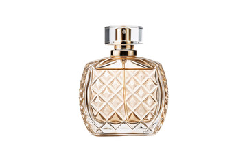 Ornate crystal perfume bottle with intricate diamond-cut pattern and golden metallic spray top, isolated on a transparent background