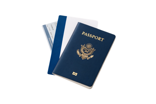 US passport with multiple boarding passes and tickets arranged for international travel documentation display, isolated on a transparent background - Powered by Adobe