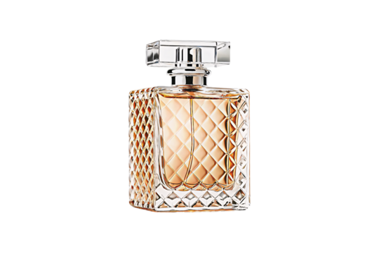 Crystal perfume bottle with geometric cut pattern containing amber fragrance liquid and silver cap, isolated on a transparent background